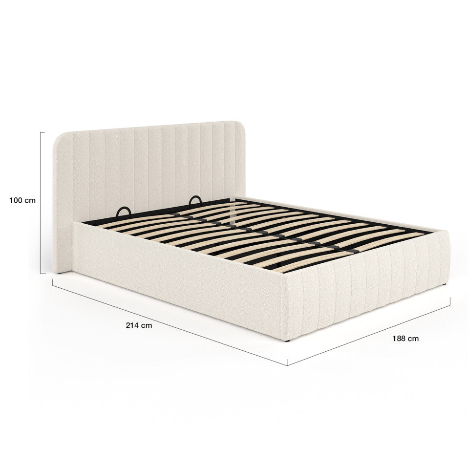 Lit coffre Valentina en tissu bouclette avec sommier et tête de lit 160x200cm