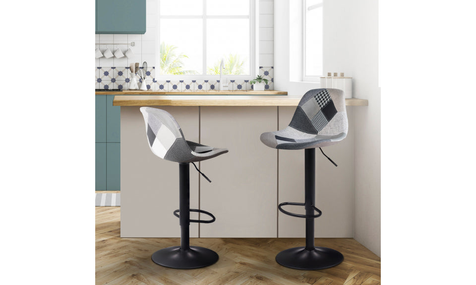 Tabourets de bar réglables Karl motifs patchwork noir et pieds métal - lot de 2