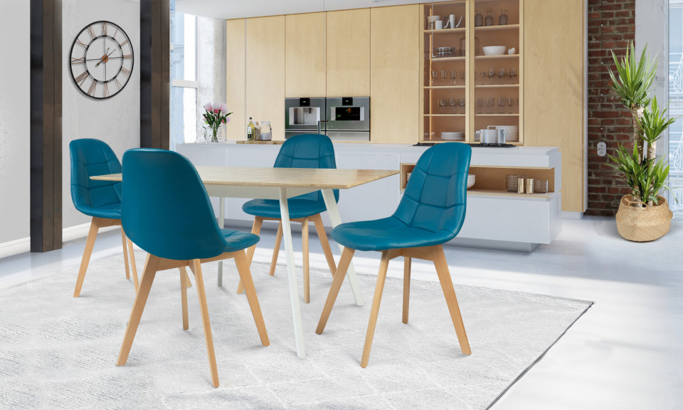 Chaises scandinaves Rafaela assise similicuir bleu canard - Lot de 4