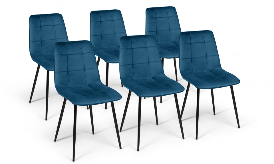 Chaises Linda en velours bleu et pieds noirs - lot de 6