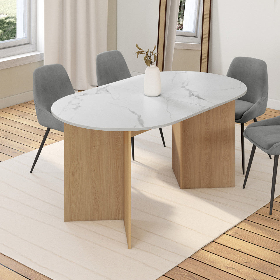 Table à manger extensible Gabin effet marbre blanc et pieds design 160-200cm