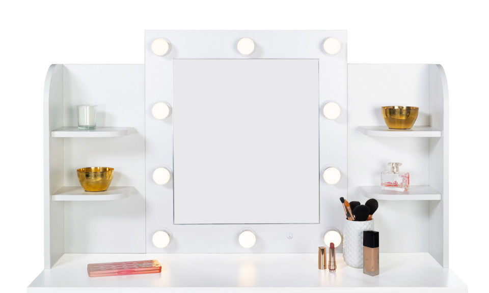 Coiffeuse Zita blanche double étagères, miroir LED et tabouret