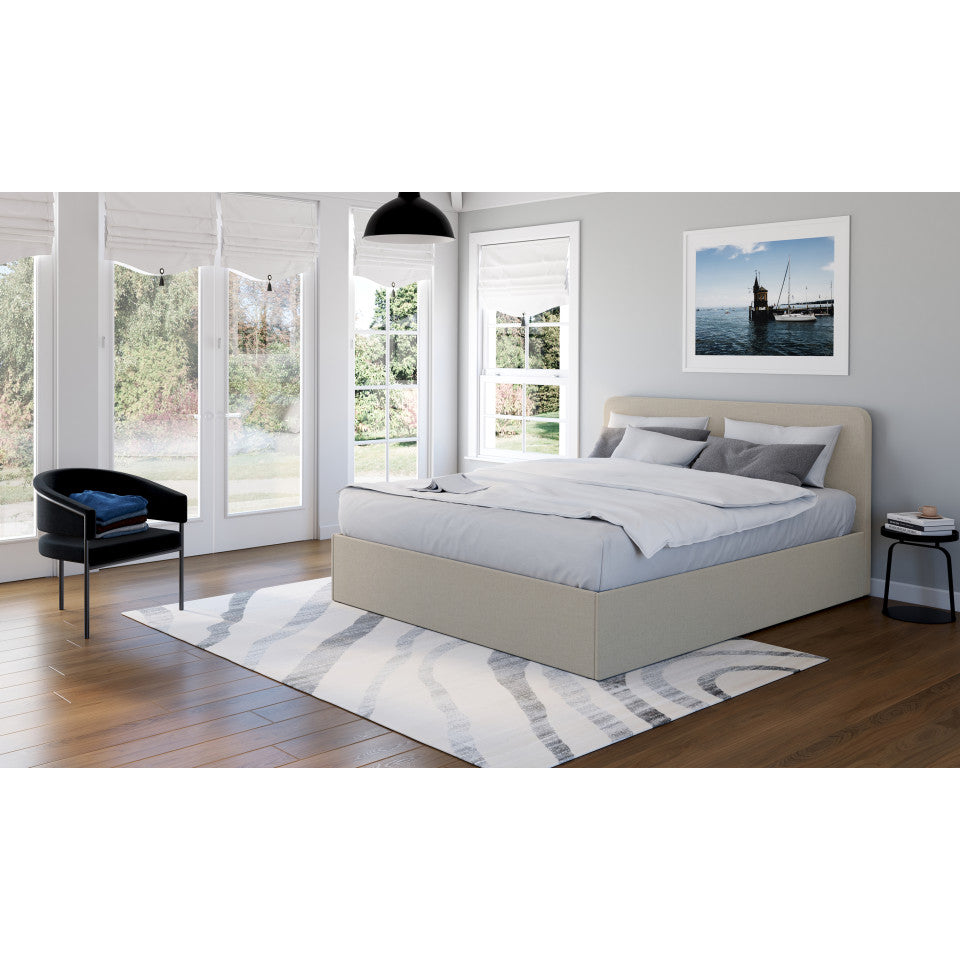 Lit coffre Louise en tissu beige avec sommier et tête de lit arrondie 160x200cm