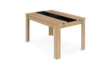 Table repas contemporaine extensible Gloria 140-220cm plateau naturel et chemin de table noir