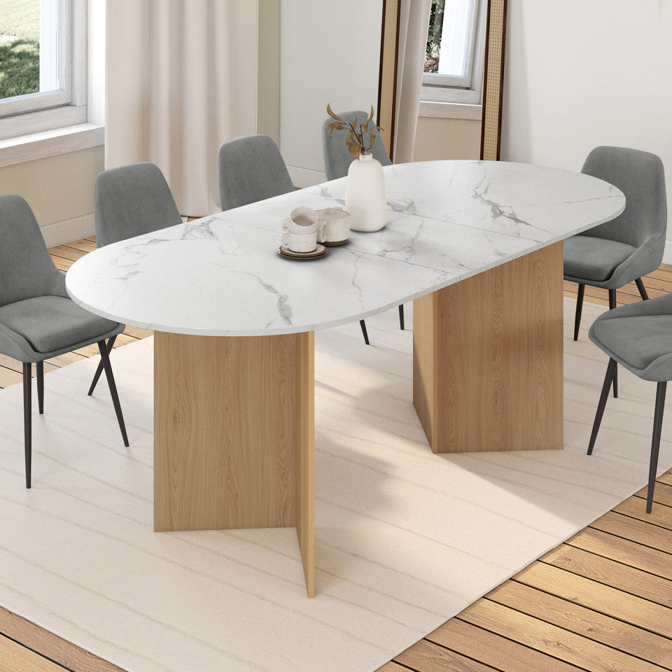 Table à manger extensible Gabin effet marbre blanc et pieds design 160-200cm