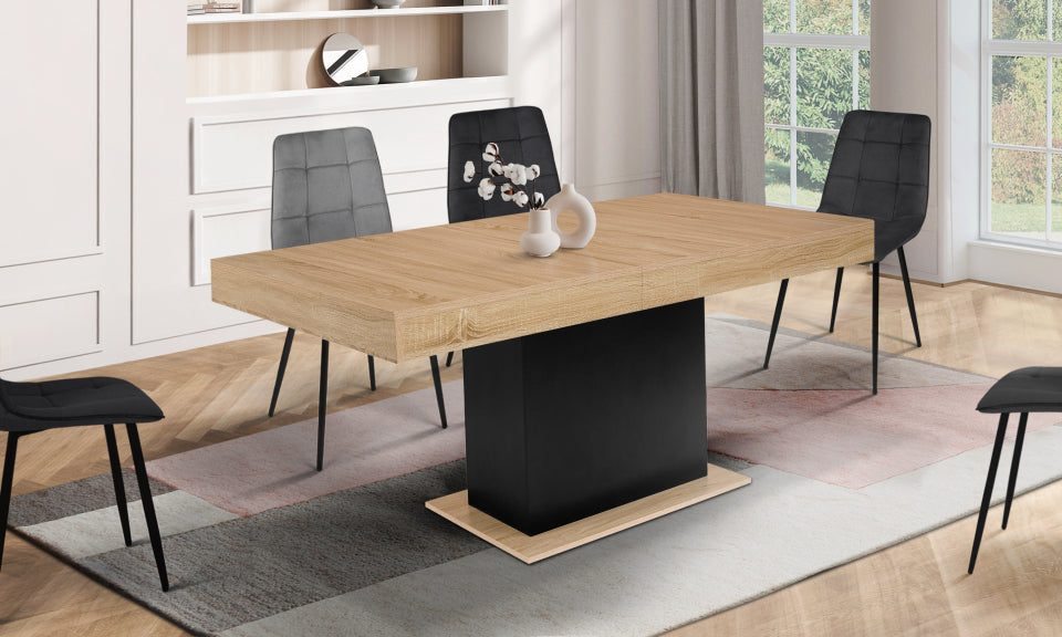 Table repas extensible Tania 160-200cm plateau bois et pied central noir