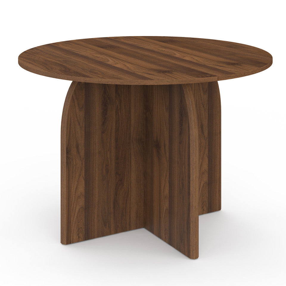 Table à manger ronde extensible Japandi pied central effet noyer Ø110-150cm