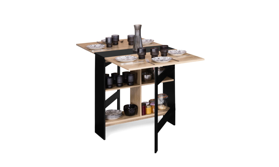 Table repas console pliable Edi plateau naturel et pieds noirs avec rangements