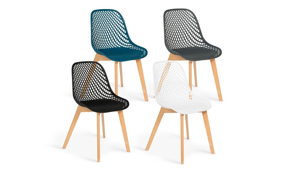 Chaises Maëlle assise ajourée mix de couleurs : 1x blanc, 1x gris foncé, 1x noir et 1x bleu canard - lot de 4