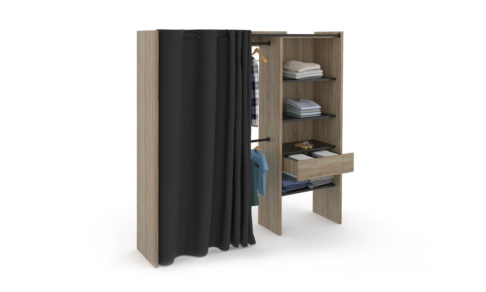 Dressing extensible bois avec colonne et penderie avec rideau noir 120-170x180cm