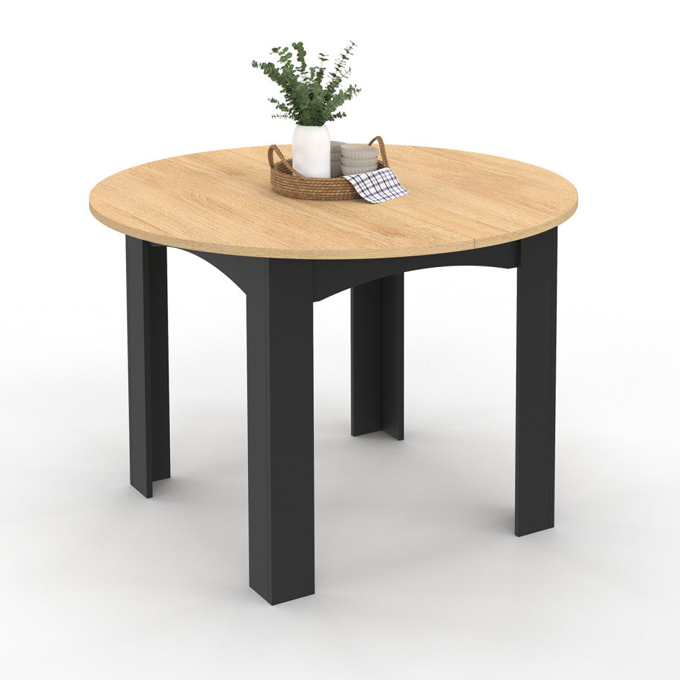 Table repas Dina plateau extensible 110-150cm rond et pieds noirs