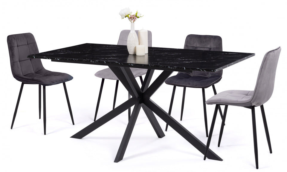 Table repas Glam 160cm plateau effet marbre noir et pieds croisés noirs