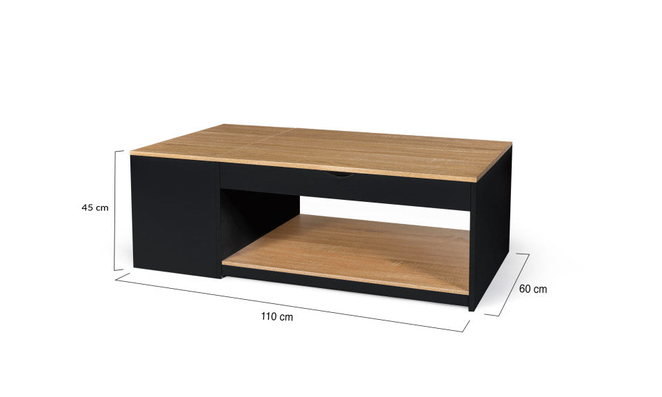 Table basse Elina avec double plateau relevable et coffre latéral noire et bois L110cm