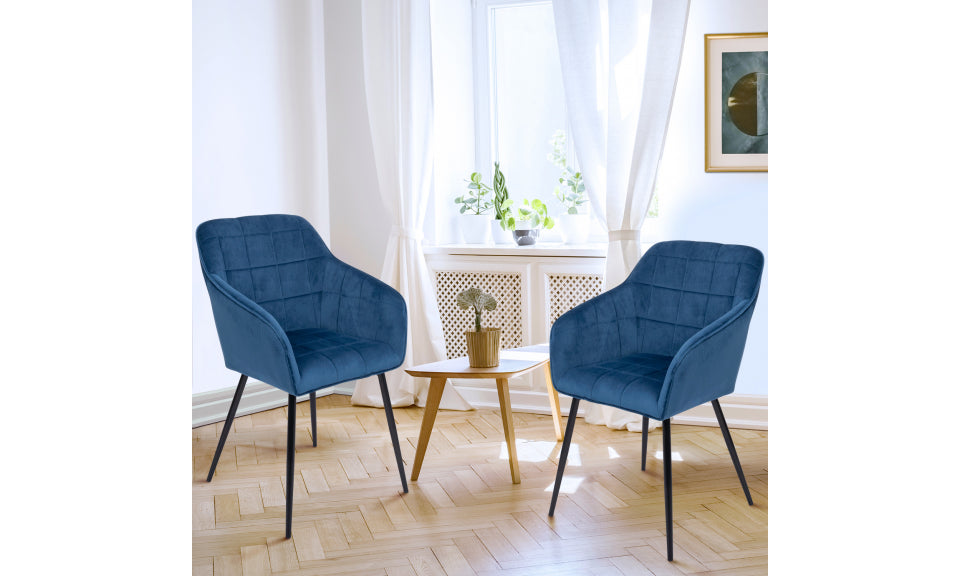 Chaises avec accoudoirs Melinda en velours bleu canard et pieds métal - lot de 2