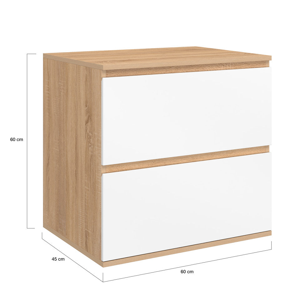 Meuble sous vasque suspendu Tom 2 tiroirs blanc et effet hêtre L60cm