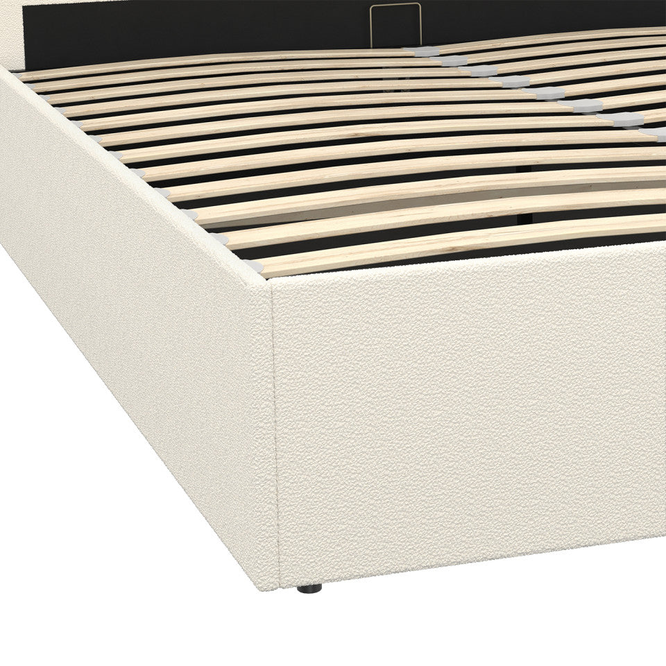 Lit coffre Louise en bouclette avec sommier et tête de lit arrondie 160x200cm Blanc crème