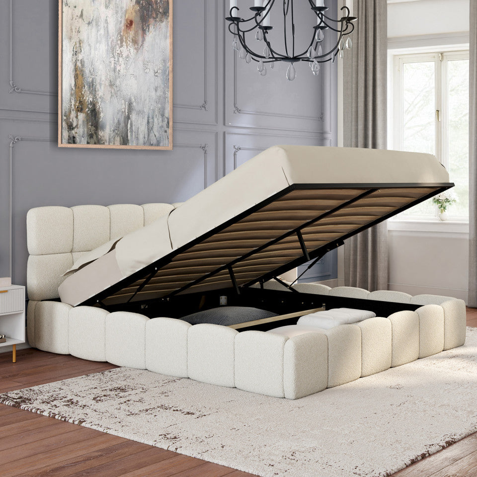 Lit coffre Bubble en tissu bouclette avec sommier et tête de lit 160x200cm