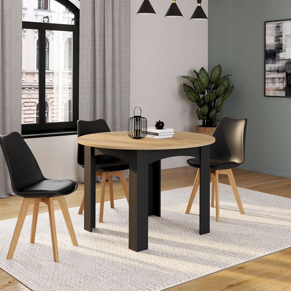 Table repas Dina plateau extensible 110-150cm rond et pieds noirs