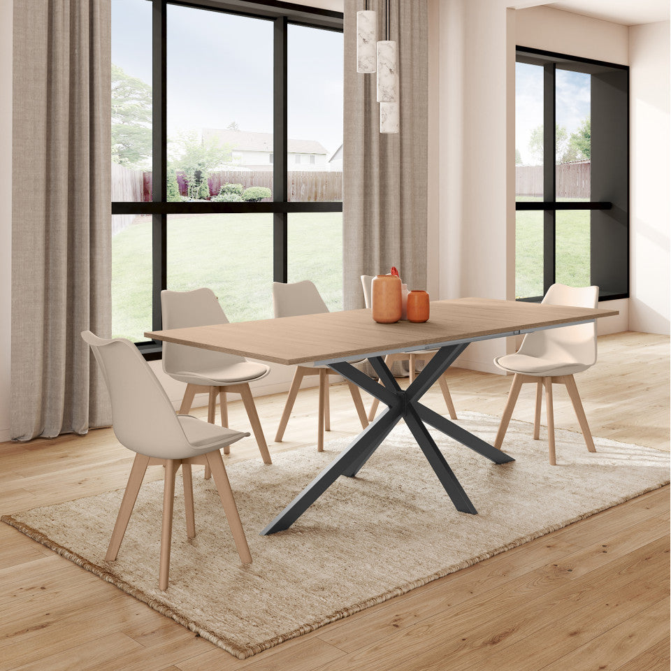 Table repas Spider plateau extensible 200-240cm bois avec rangement intégré et pieds croisés noirs