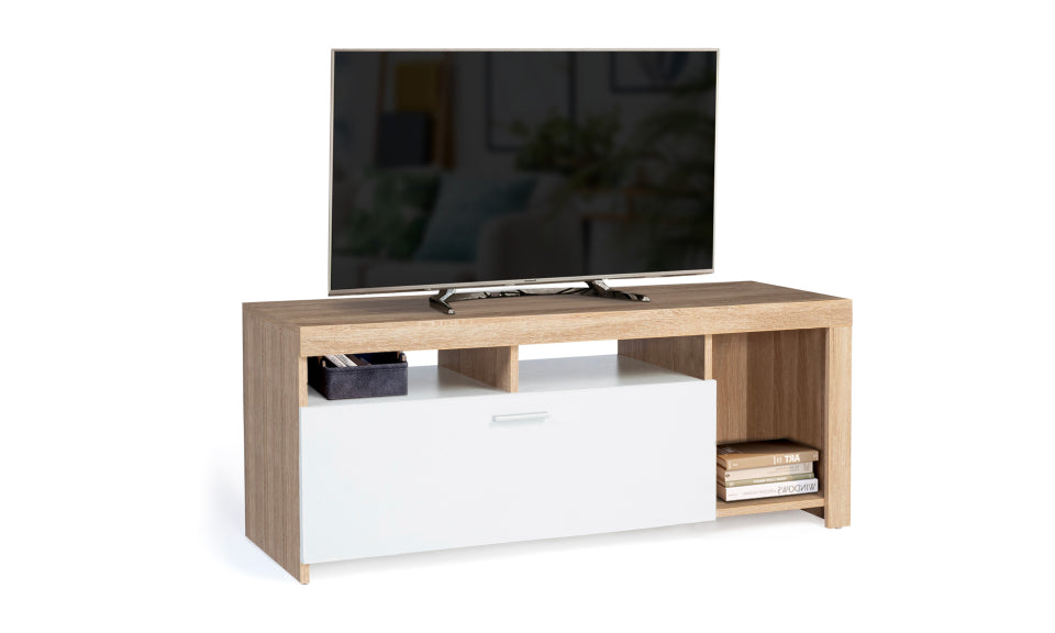 Meuble TV Maryse bois et blanc rangements multiples L110cm