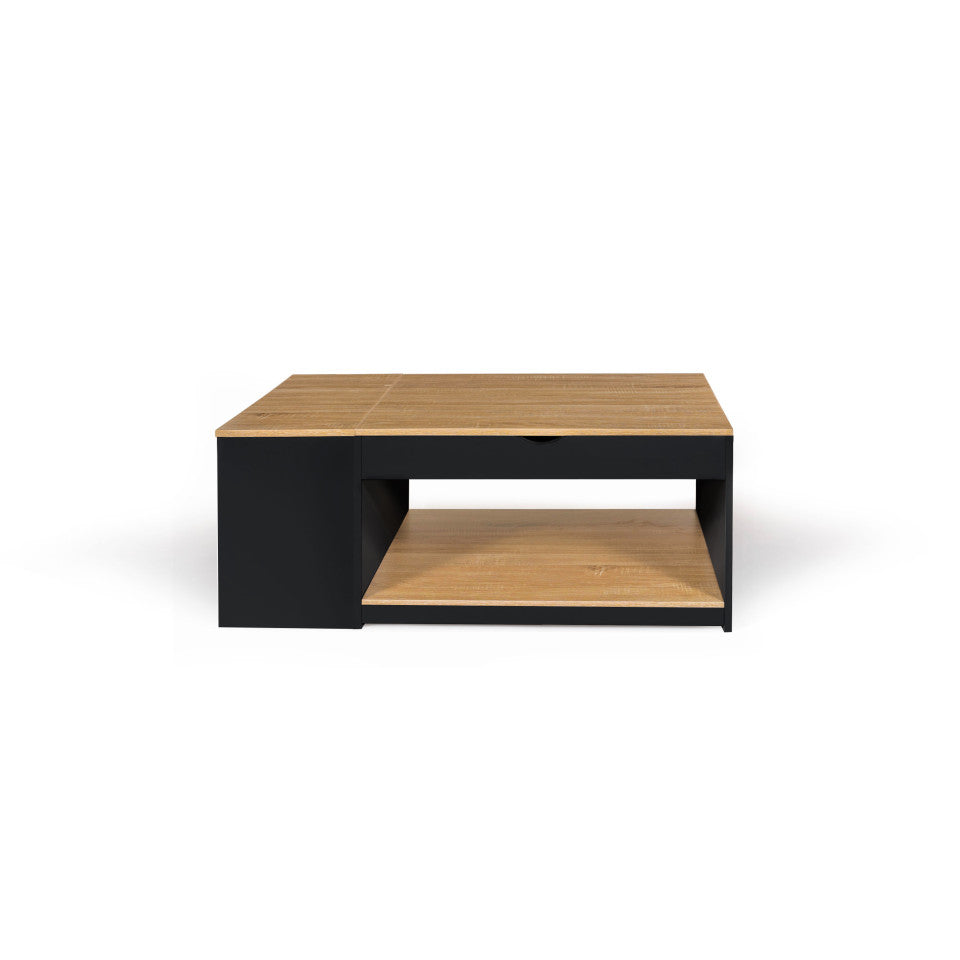 Table basse Elina avec plateau relevable et coffre latéral noir et bois L110cm