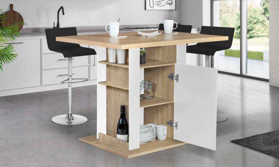 Ilot central de cuisine Théo L110cm bois et blanc avec rangements