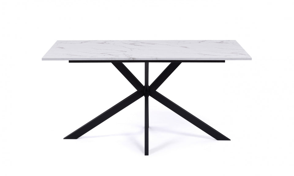 Table repas Glam 160cm plateau effet marbre blanc et pieds croisés noirs