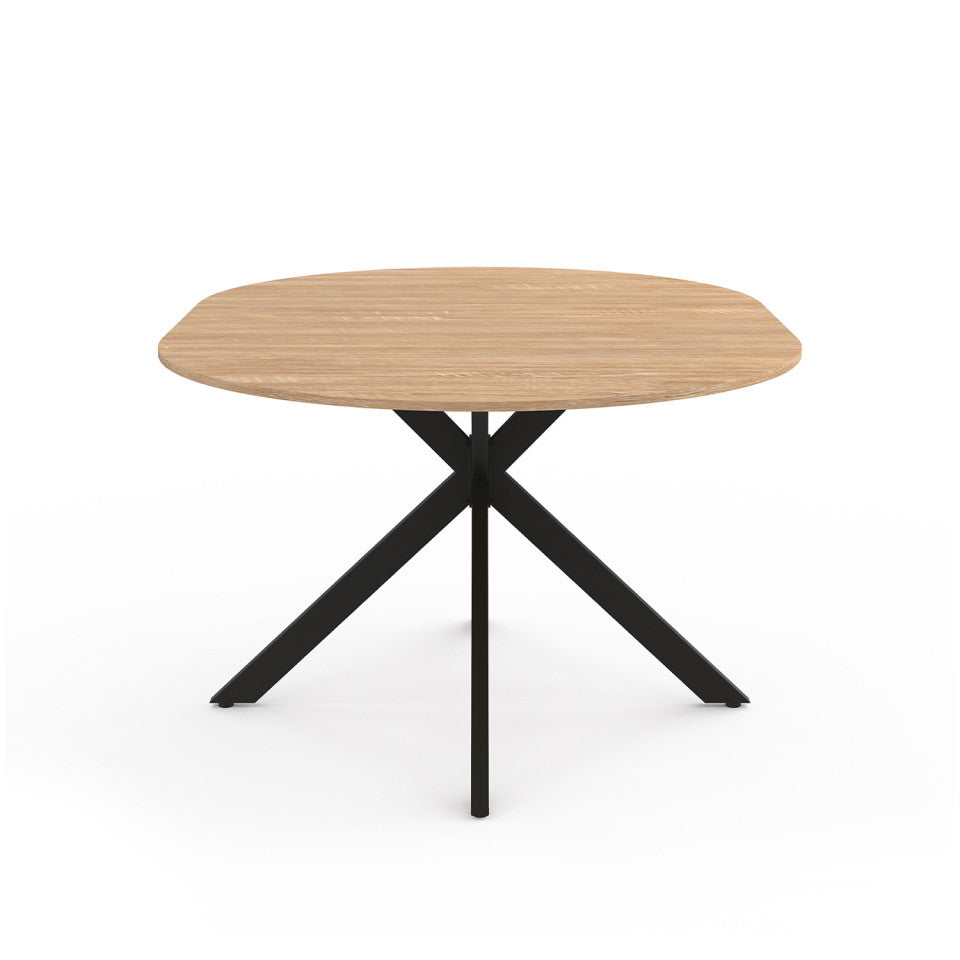 Table repas extensible Soline 110-150cm plateau rond bois pieds croisés noirs