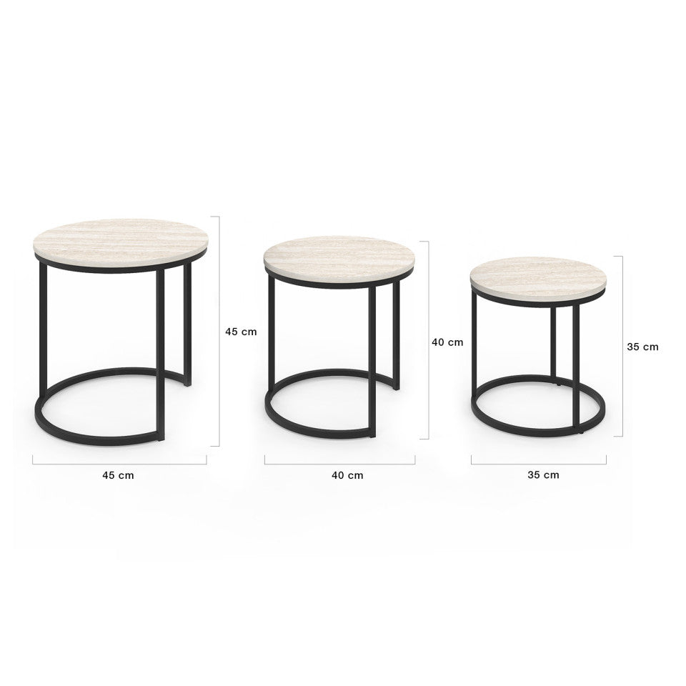 Tables basses gigognes Memphis effet travertin et pieds noirs - lot de 3