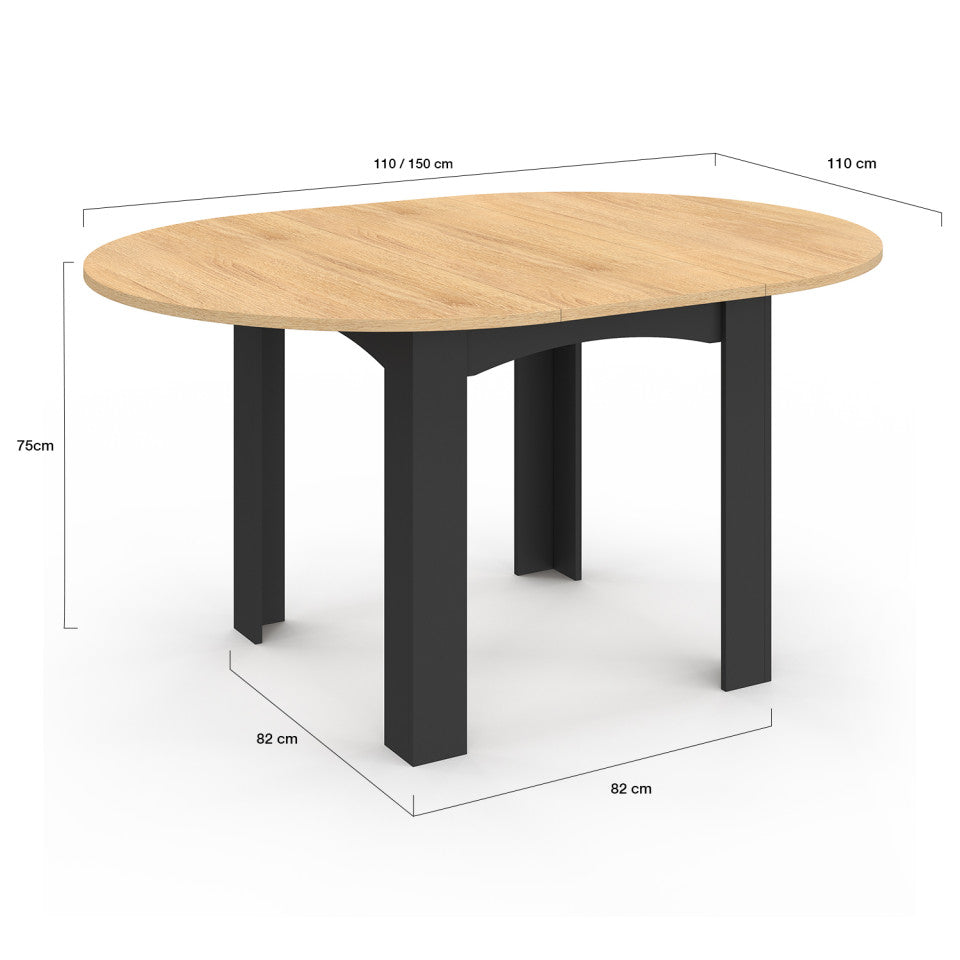 Table repas Dina plateau extensible 110-150cm rond et pieds noirs