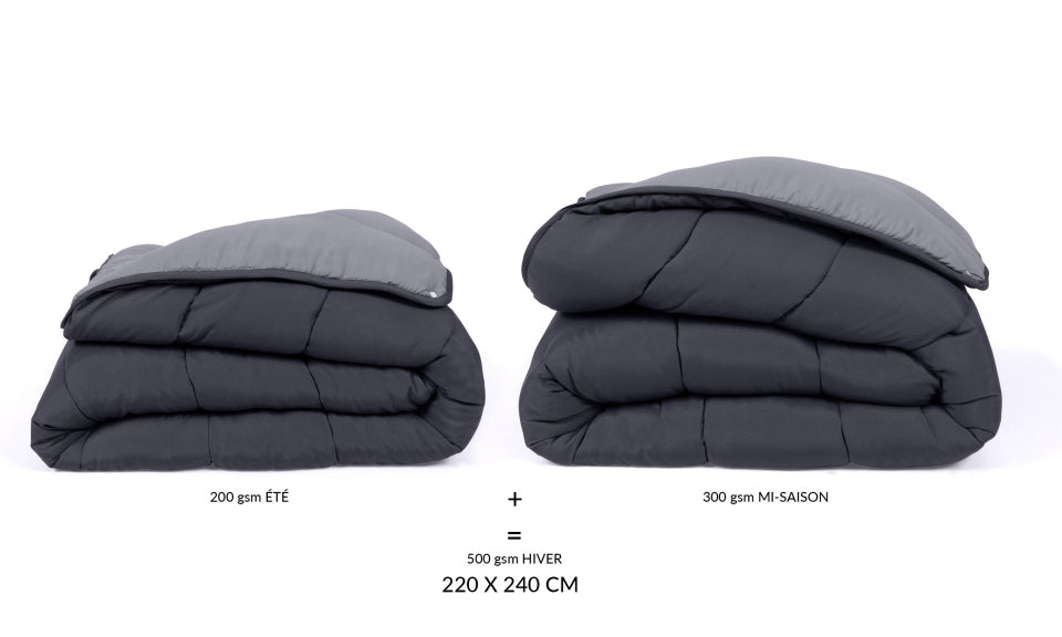 Couette double extra-chaude grise 4 saisons 220x240cm - microfibres 200 + 300 g/m2 + 2 oreillers moelleux 500 g/m2