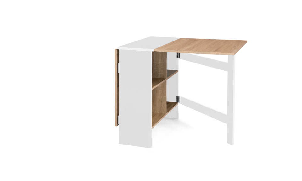 Table repas console pliable Edi plateau naturel et pieds blancs avec rangements