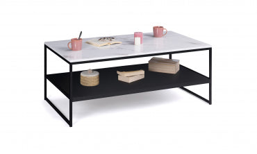 Table basse Glam double plateau effet marbre blanc et structure noire L113cm