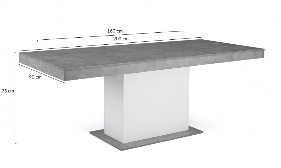 Table repas extensible Tania 160-200cm plateau effet béton et pieds central blanc