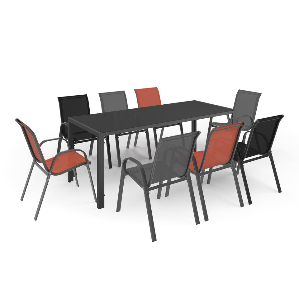 Ensemble repas Minorca 8 places en textilène et verre trempé gris, noir et terracotta 190 cm