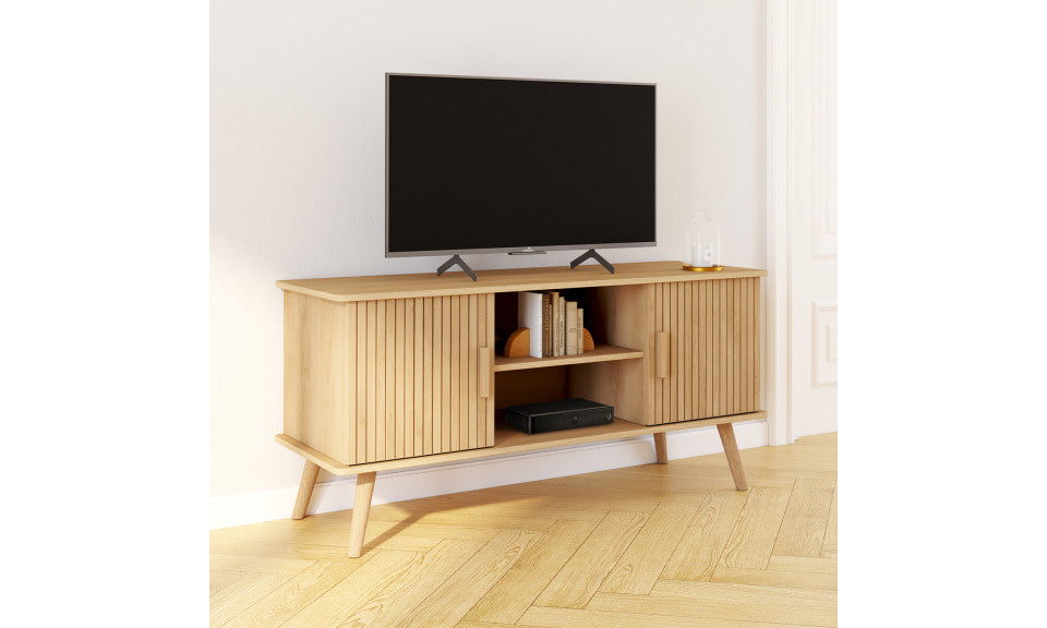 Meuble TV Albane effet lattes 2 portes + étagères L110cm