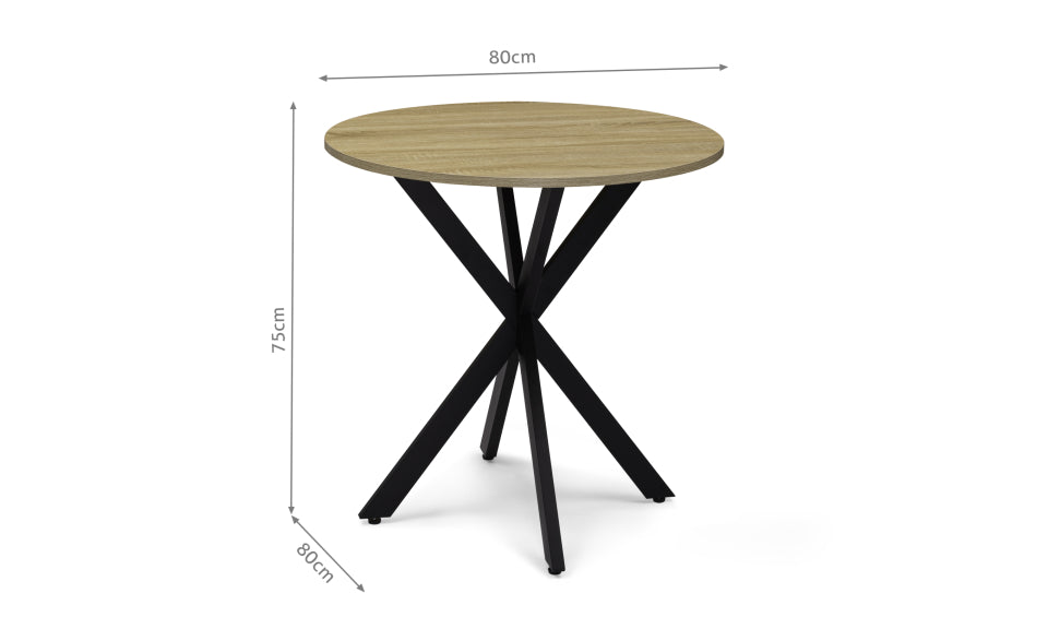 Table repas Soline 80cm plateau rond bois pieds croisés noirs