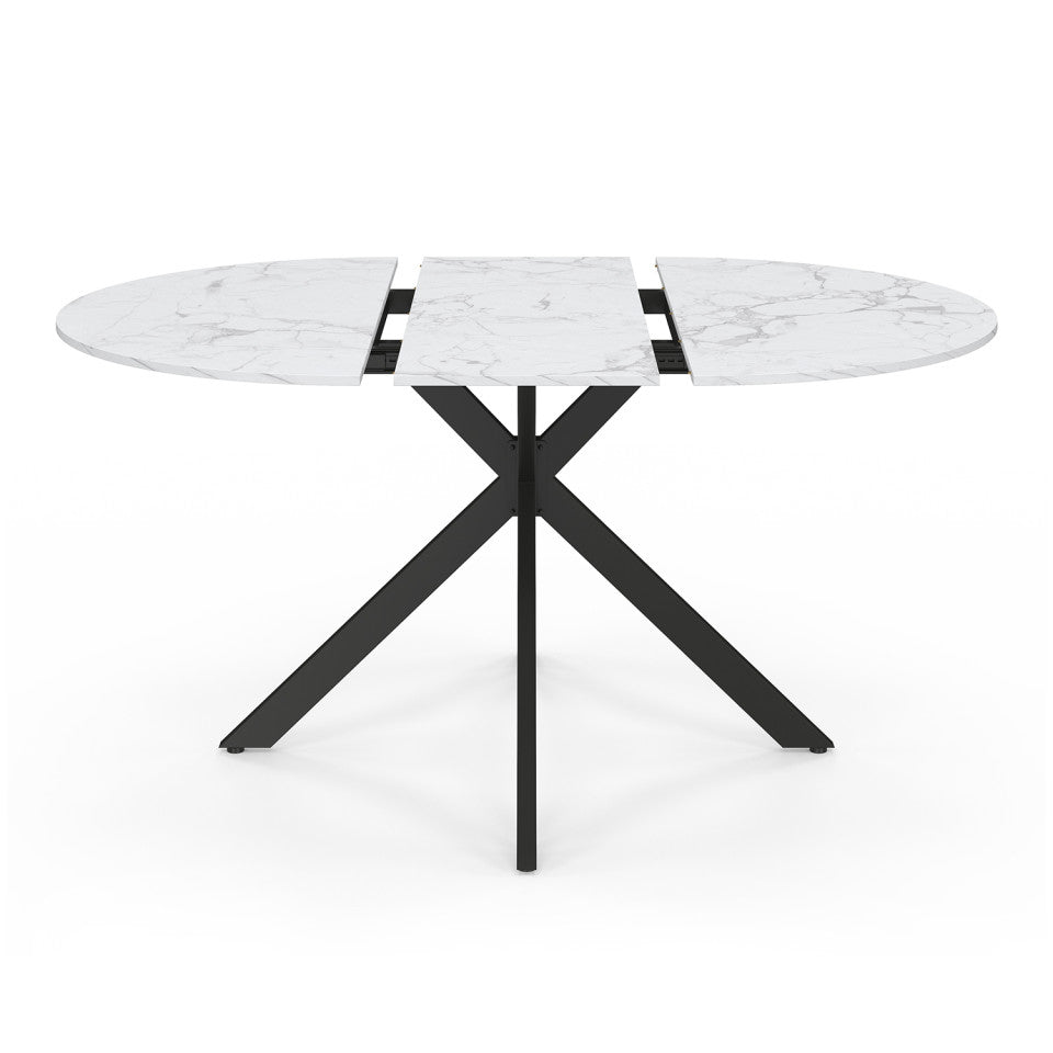 Table à manger ronde extensible Soline effet marbre blanc et noir Ø110-150cm