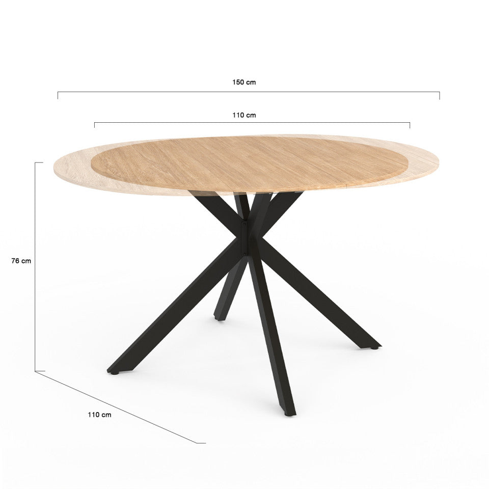 Table repas extensible Soline 110-150cm plateau rond bois pieds croisés noirs