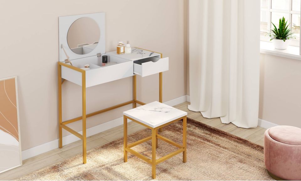 Coiffeuse Glam miroir rabattable avec tabouret