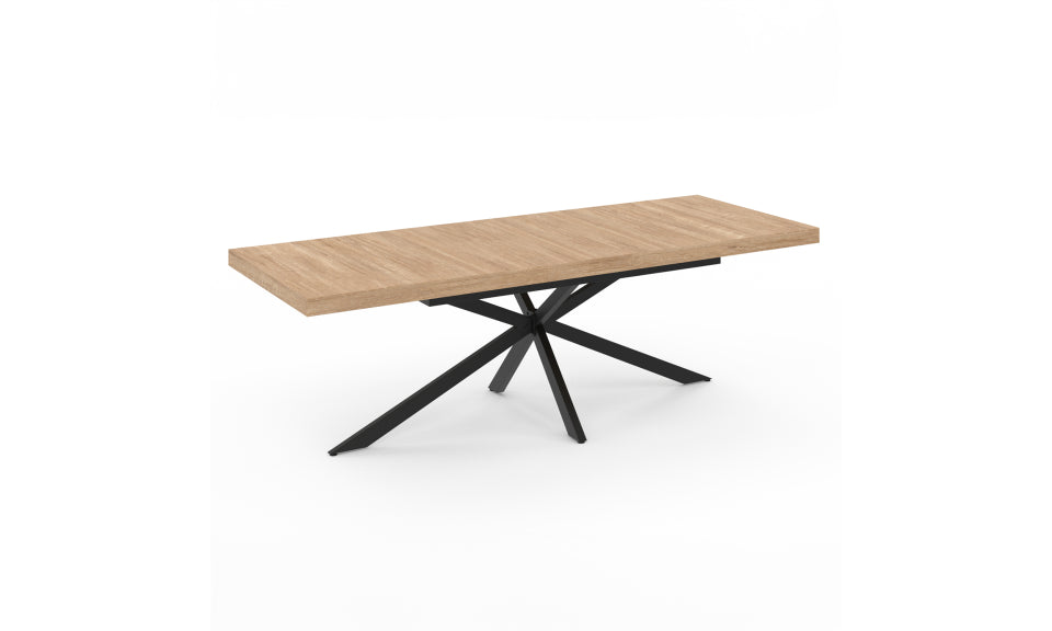 Table repas extensible Memphis 200-240cm plateau bois avec rangement intégré et pieds croisés noirs