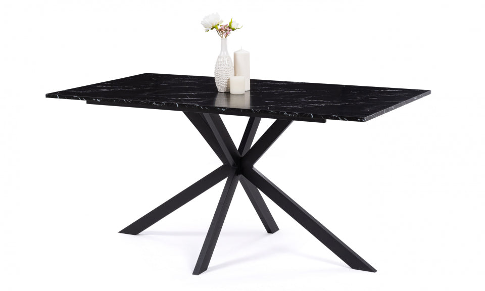 Table repas Glam 160cm plateau effet marbre noir et pieds croisés noirs