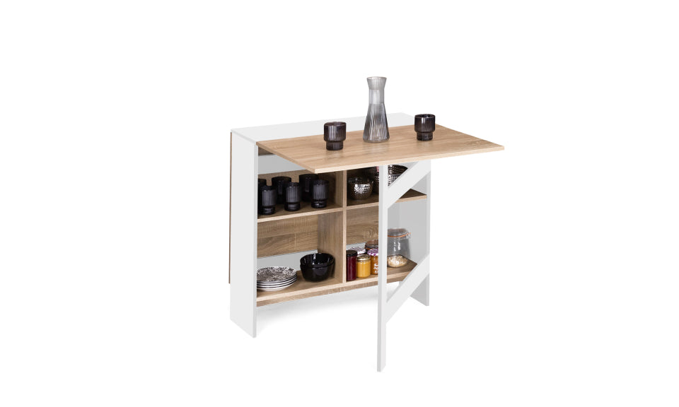 Table repas console pliable Edi plateau naturel et pieds blancs avec rangements