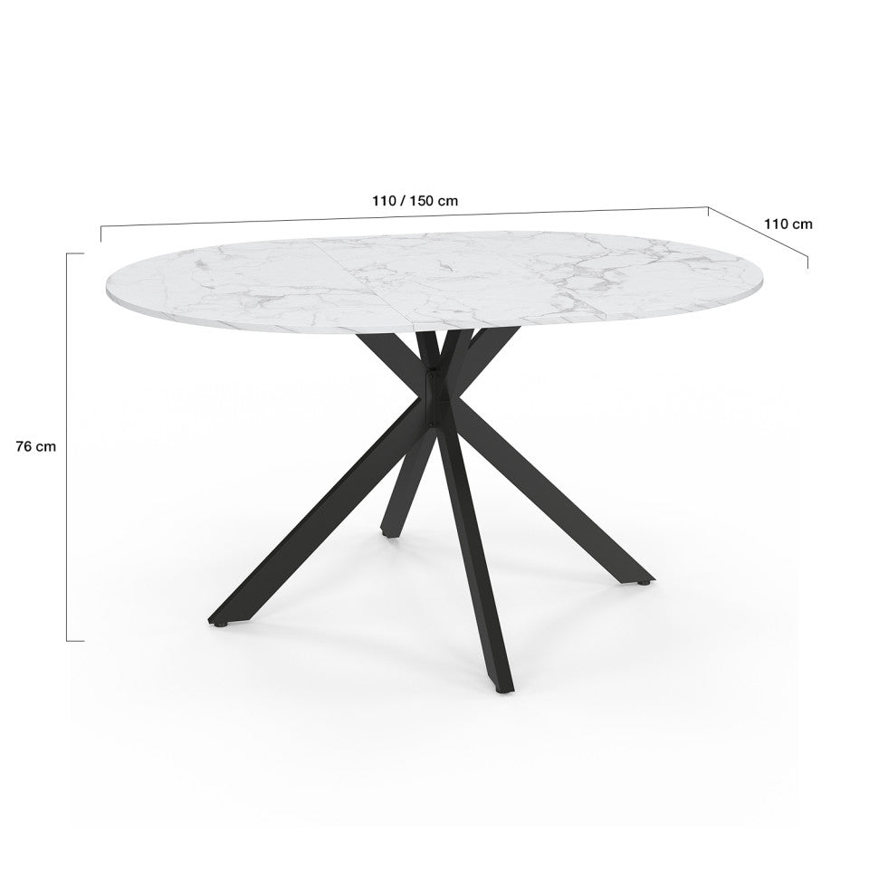 Table à manger ronde extensible Soline effet marbre blanc et noir Ø110-150cm