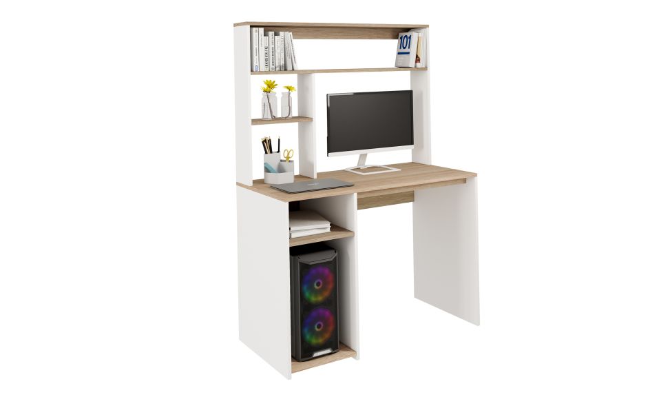 Bureau Danny avec étagères de rangement bois et blanc