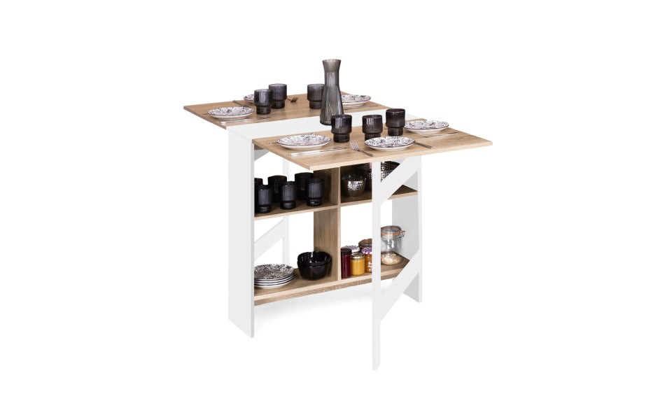 Table repas console pliable Edi plateau naturel et pieds blancs avec rangements