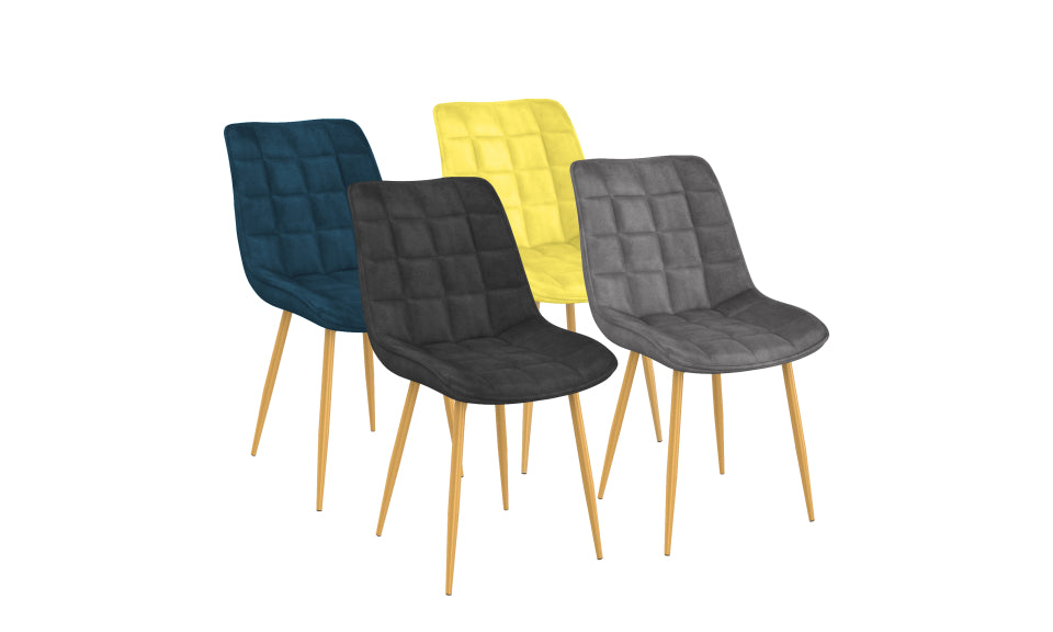 Chaises Melinda en velours mix de couleurs et pieds dorés : 1x bleu, 1x gris clair, 1x gris foncé et 1x jaune - lot de 4