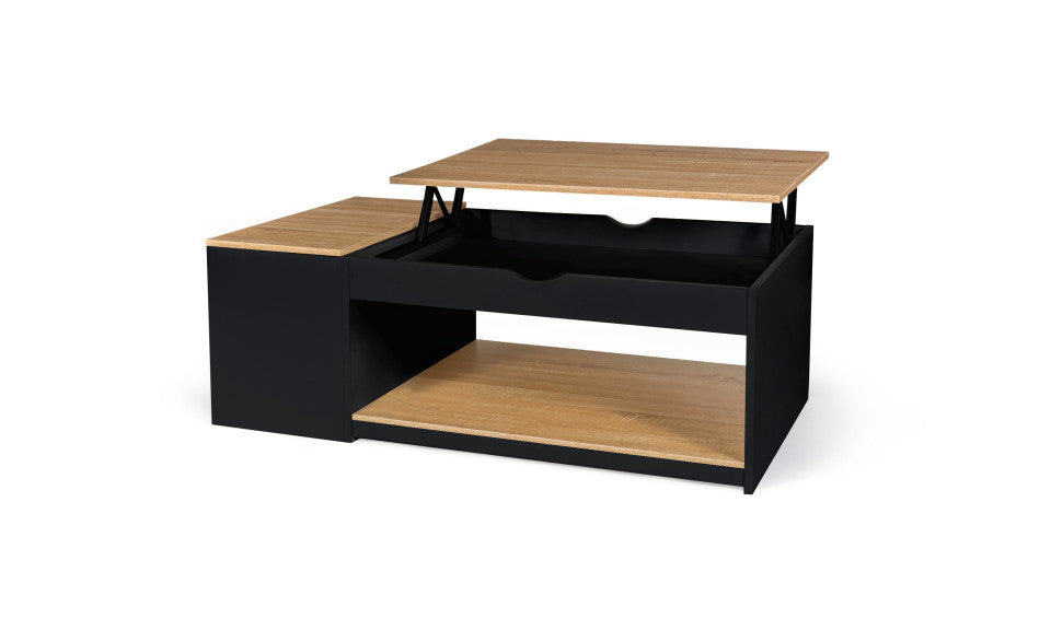 Table basse Elina avec double plateau relevable et coffre latéral noire et bois L110cm