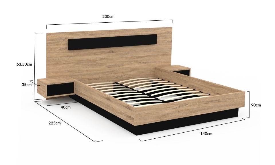 Lit Santafé avec tête de lit, sommier et tables de chevet intégrées effet bois 140x190cm