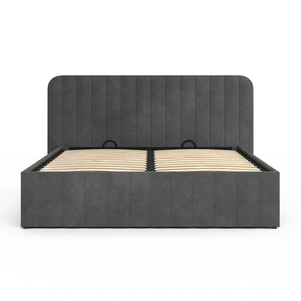 Lit coffre Valentina en velours beige avec sommier et tête de lit 140x190cm